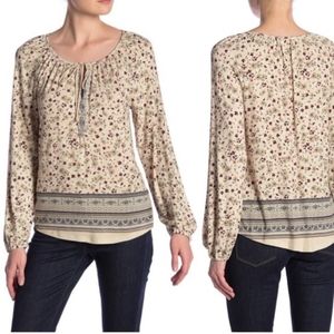 Susina Women's Beige Floral Long-Sleeve Scoop Tie-